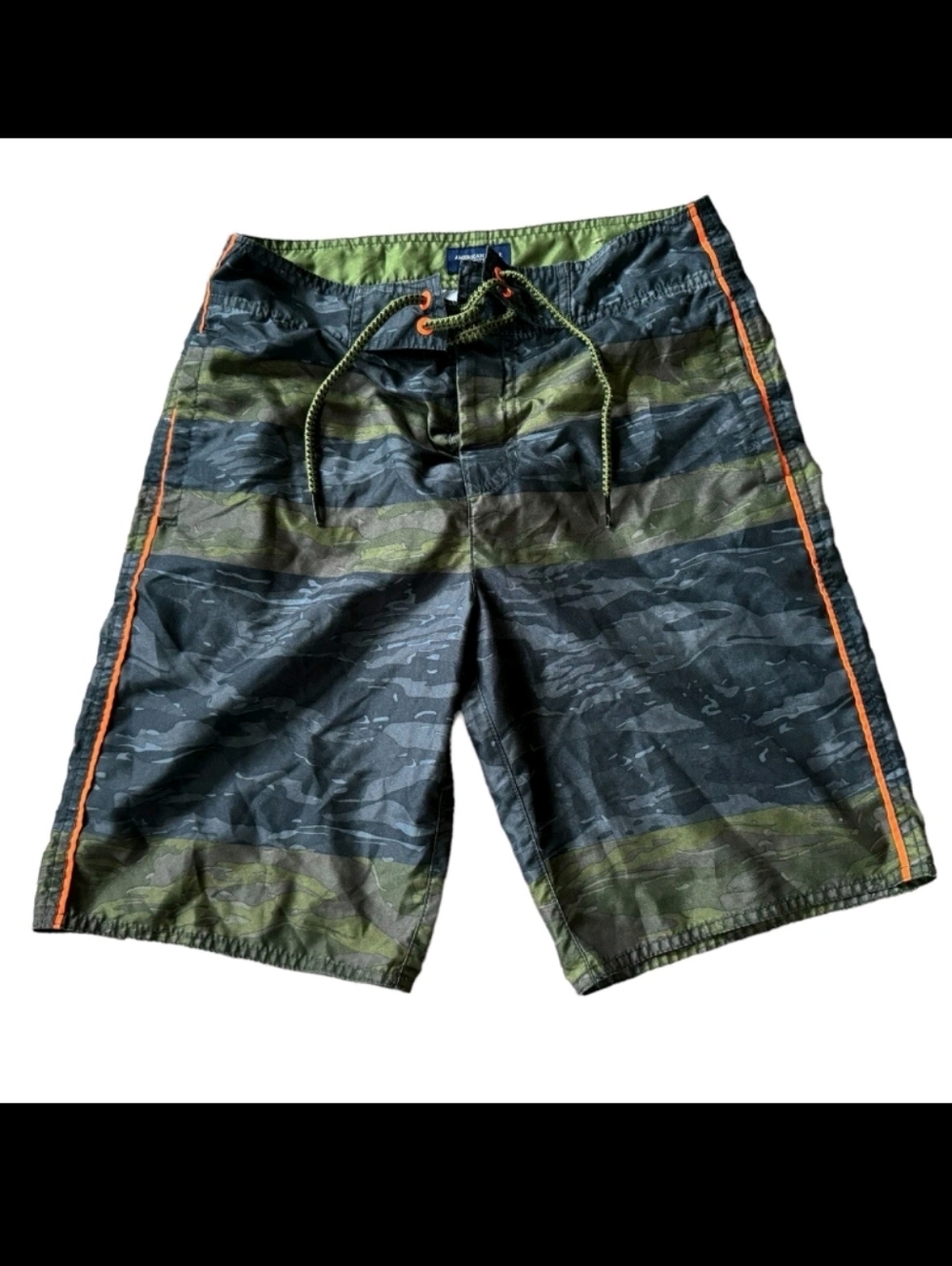 American Eagle Men’s Board Shorts Large Tiger Camo Green Gray Orange Piping - Picture 2 of 11
